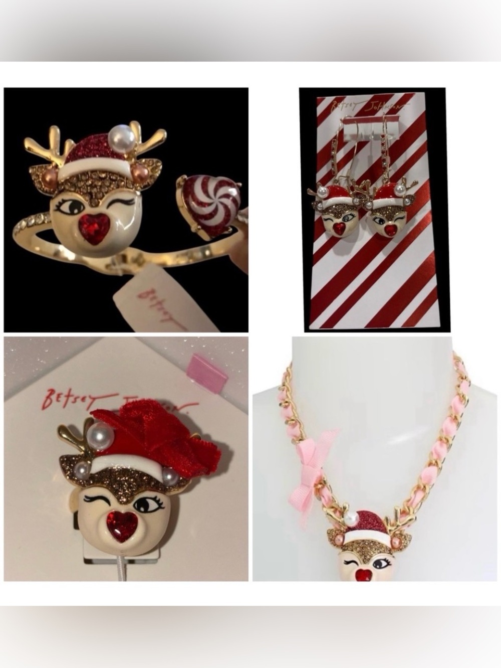 BETSEY JOHNSON SET Holiday Rudolph Reindeer Necklace Bracelet Earrings Ring NWT